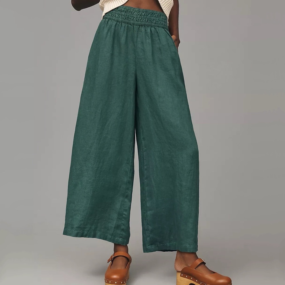 Anthropologie Wide-Leg Linen Pants in Deep Teal Green